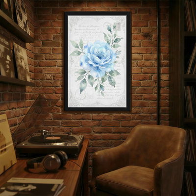 Plantes et fleurs - rose bleue avec feuilles vertes et fond d'écriture rétro