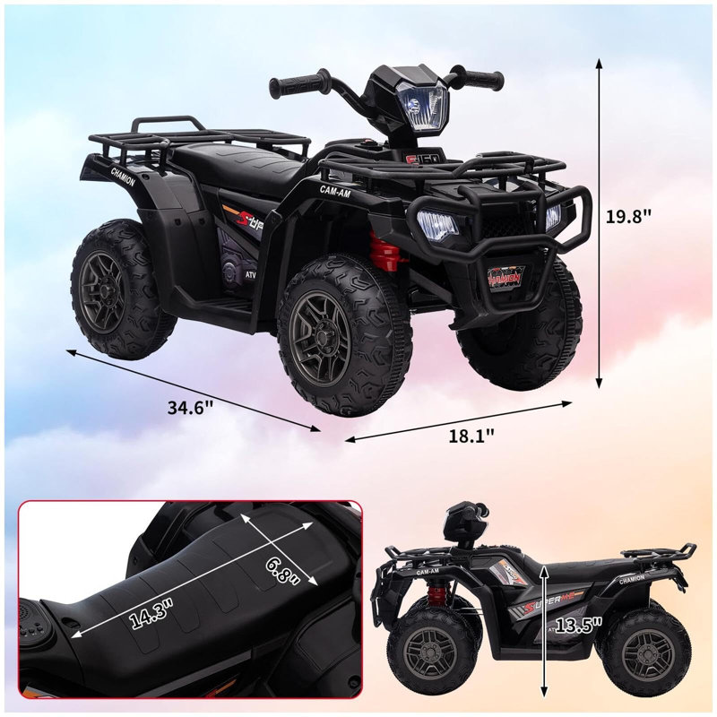 12V Kids Ride On ATV, Battery-Operated Car For Toddlers With LED Light, Black