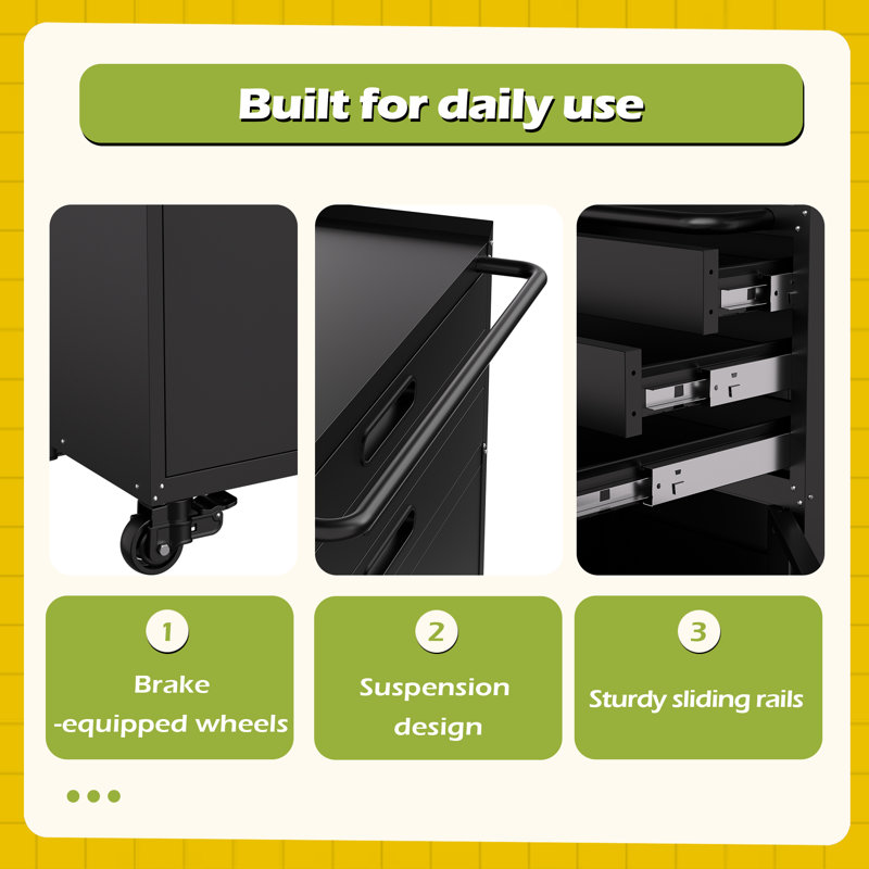34.3" Rolling Metal Tool Cabinet - Heavy Duty Garage Storage With Lockable Doors & 3 Drawers