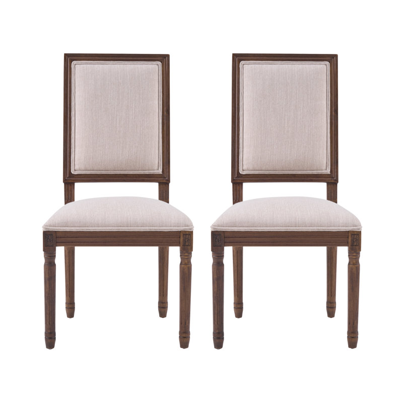 Ensemble de 2 chaises de salle à manger de style campagnard français, dossier rembourré rectangulaire, structure en hévéa massif avec pieds cannelés sculptés, finition bois rustique vieilli, pour la cuisine et la salle à manger, mobilier d'intérieur.