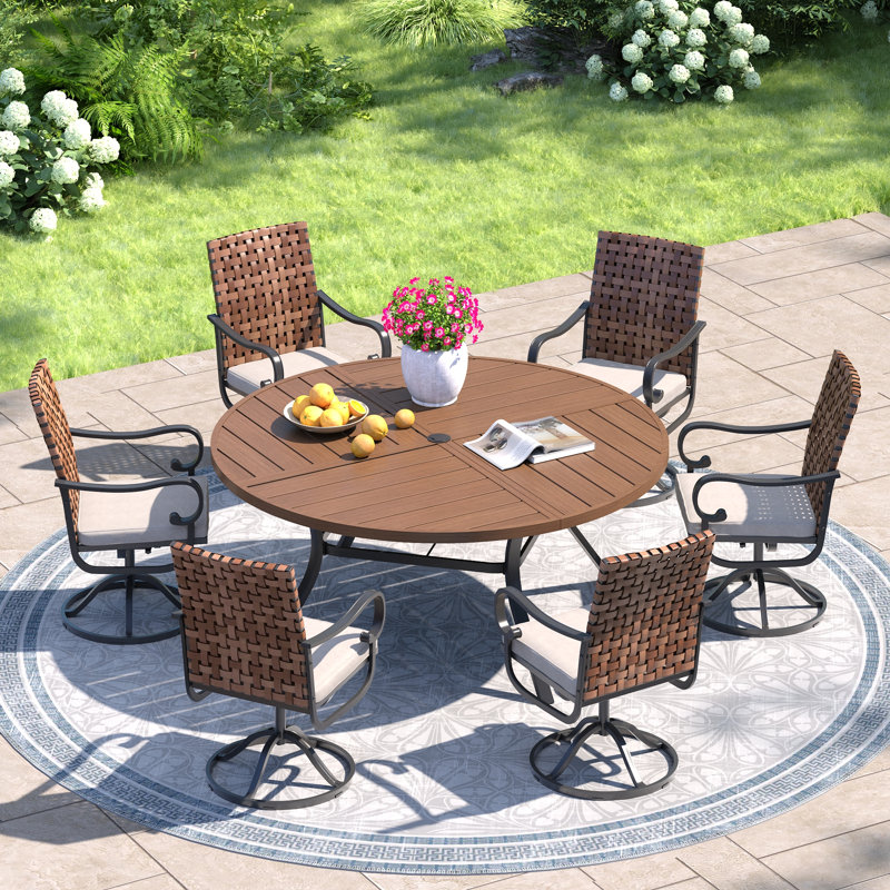 6-Person 50" Round Outdoor Dining Set With Cushioned Swivel PE Rattan Dining Chair, Brush Wood Brown/Black