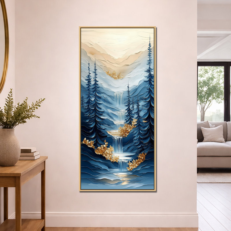 Bleu, bleu, bleu et or Cascade Valley I - Cascade, décoration murale, impressions encadrées par la nature, H 60 po x l 28 po