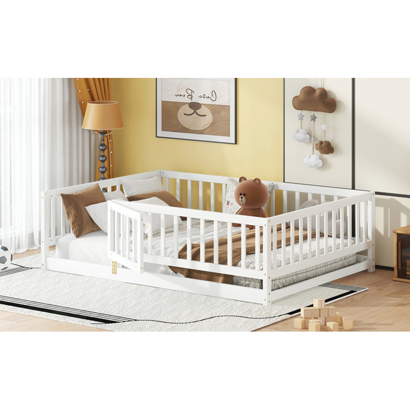 Full Size Floor Bed with Slats, Full, White