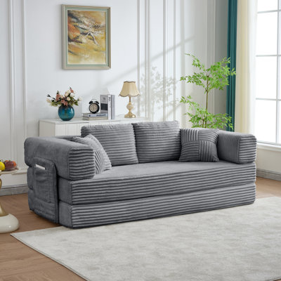 UPGRADED Compression Convertible Sleeper Sofa, Corduroy Sofa Bed Foldable Floor Couch with 4 Pillows - No Assembly