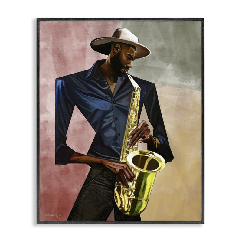 Giclée encadrée par un joueur de saxophone, design par Manasseh Johnson Sr, H 14 po x l 11 po, Giclée encadrée noir minuit