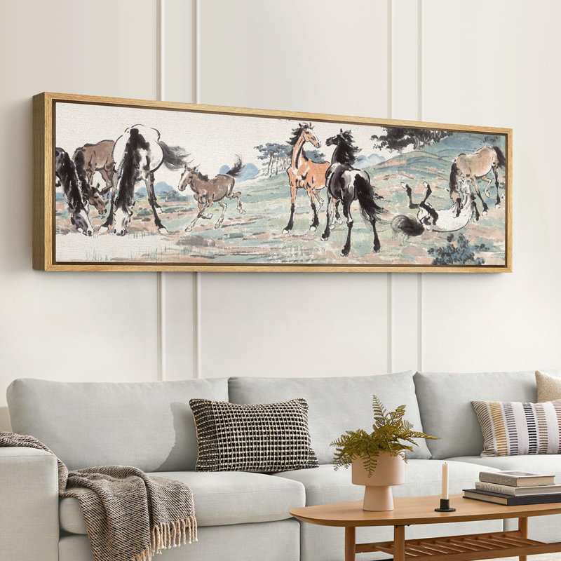 Watercolor Painting of Horses in Meadow Modern Art, 20" H x 60" W, Natural