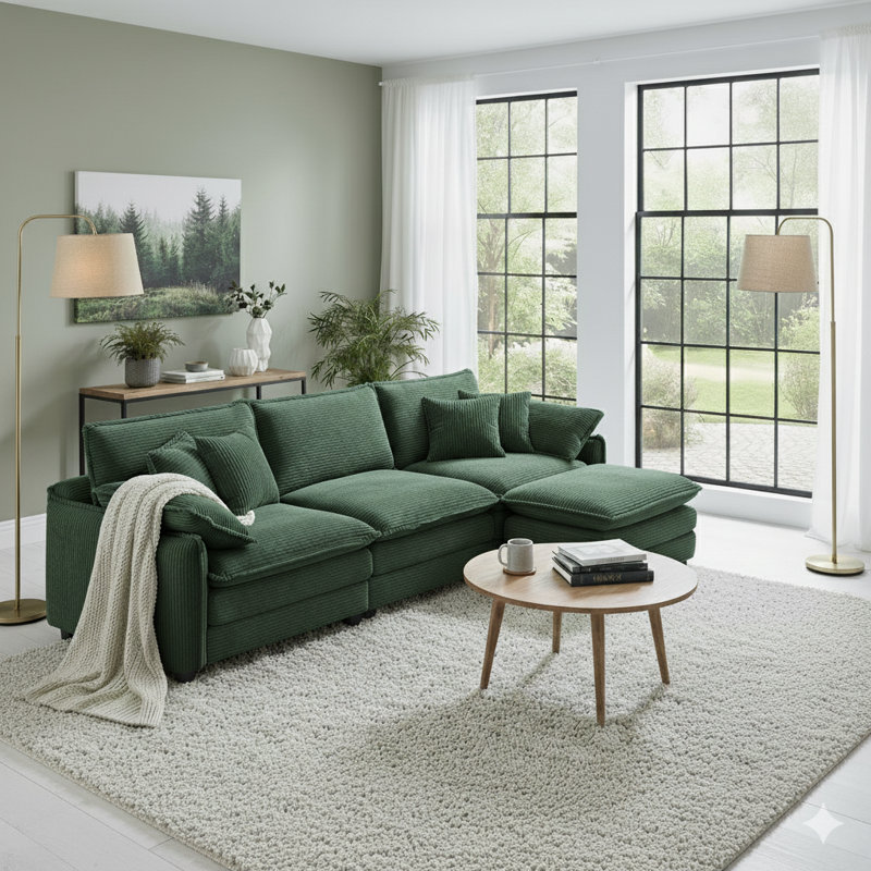 Canapé modulaire en velours côtelé de 116 pouces avec repose-pieds, Vert