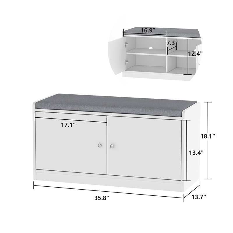 18.1'' H X 35.8'' W Upholstered Shoe Storage Bench, White/Gray