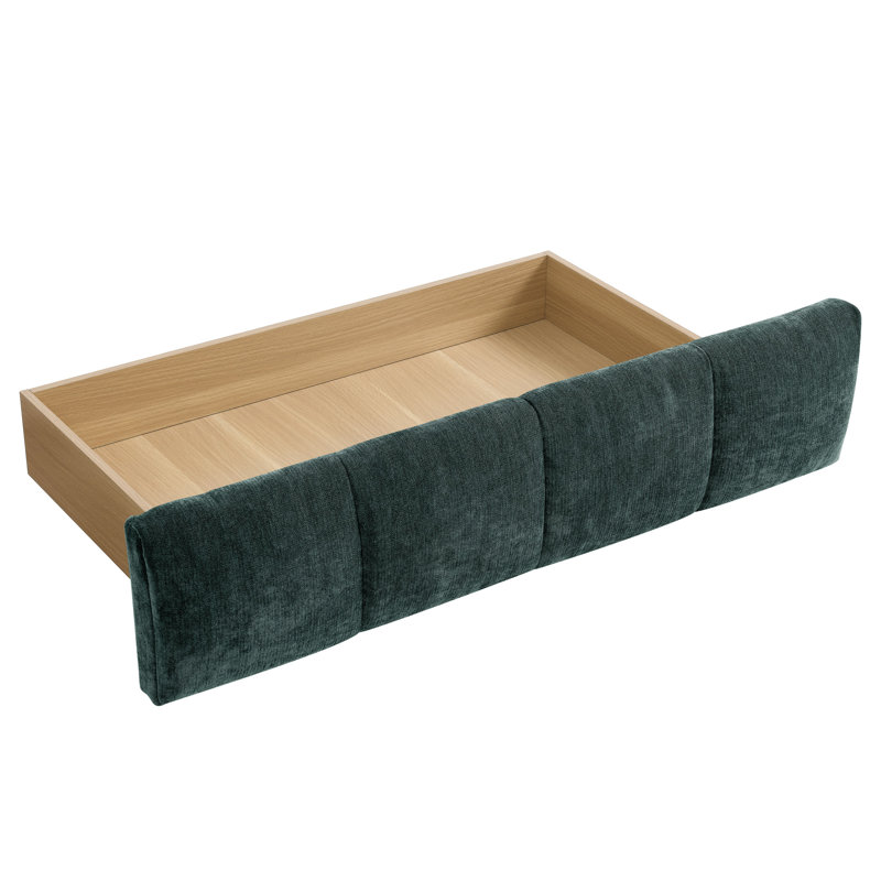 Grand lit plateforme tapissier avec tête de lit et tiroir de rangement, tissu chenille confortable, vert, Bleu / Vert