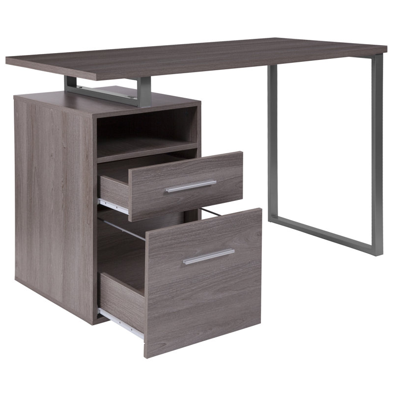 Light Ash Wood Computer Desk with Drawer and Silver Frame