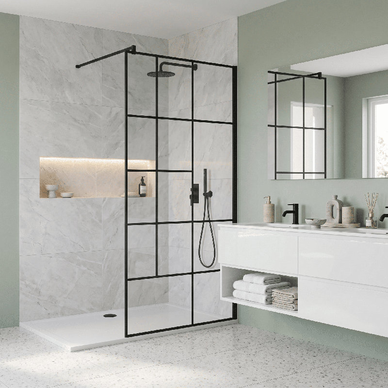 nuie 760mm Matt Black Abstract Wetroom Screen With Support Bar
