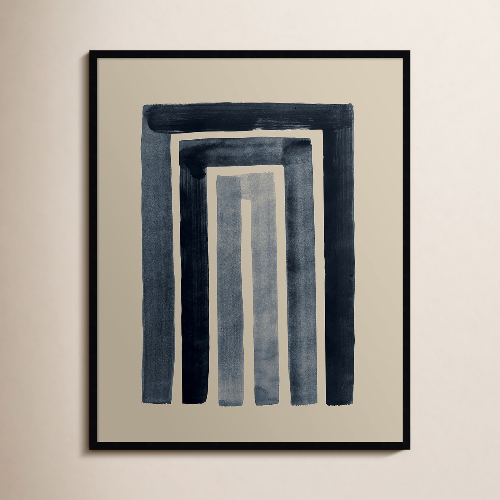 Mid Century Modern Abstract Rainbow Indigo Beige by The Creative Bunch Studio, Black Framed, 41" H x 33" W