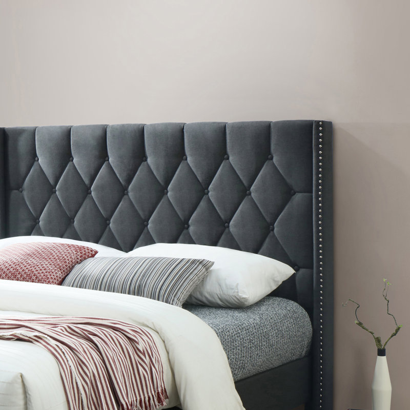 Joshual Upholstered Fabric Tufted, Platform Bed, Fully Slates in Balck, Full/ Double