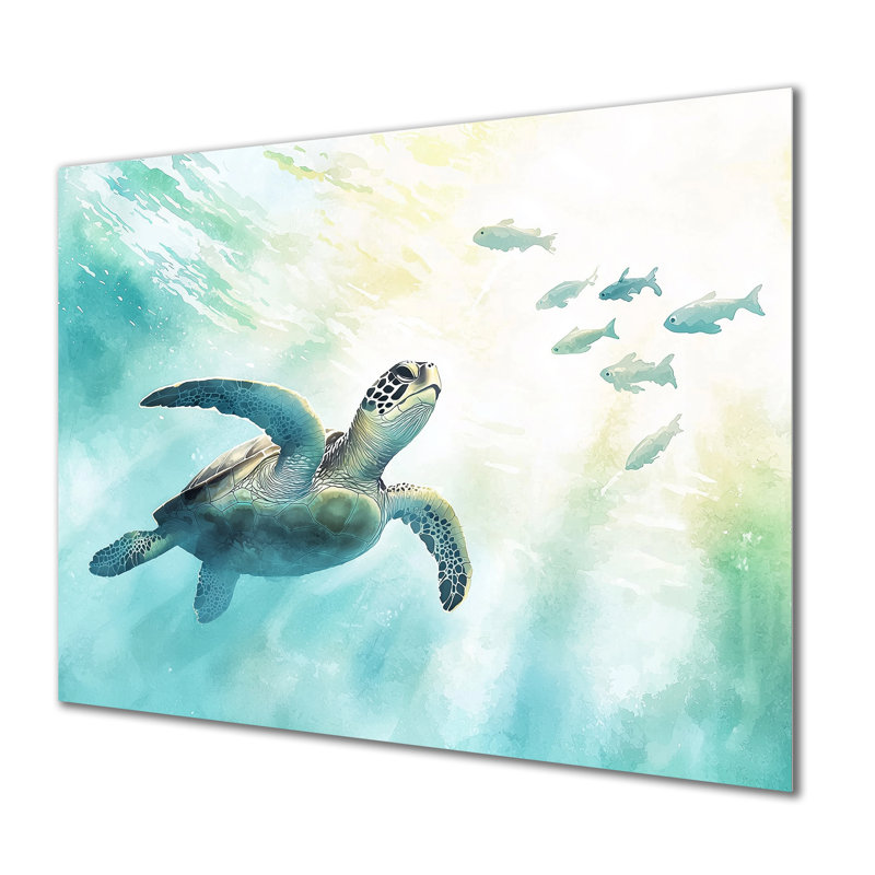 Tortue nageant dans la Méditerranée II - animaux, impression murale en métal, H 12 po x l 20 po