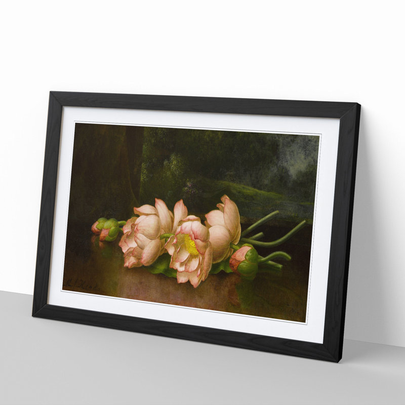 Lotus Flowers by Martin Johnson Heade - Picture Frame Painting, 48cm H x 65cm W x 2cm D, Black Framed