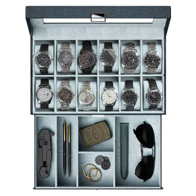 Watch Box Display Case with Glass Lid and Drawer, 12 Slots 2-Layer Jewelry Organizer Storage Holder