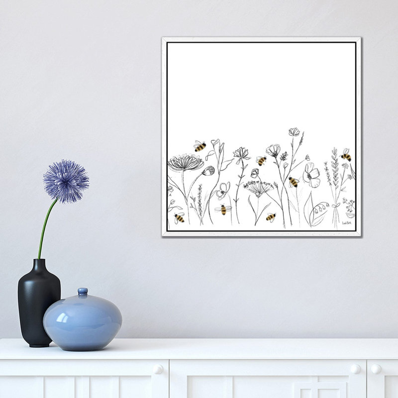 Bees And Botanicals Pattern IX by Leah York - Painting on Canvas, 45.72cm H x 45.72cm W x 3.81cm D, White Framed