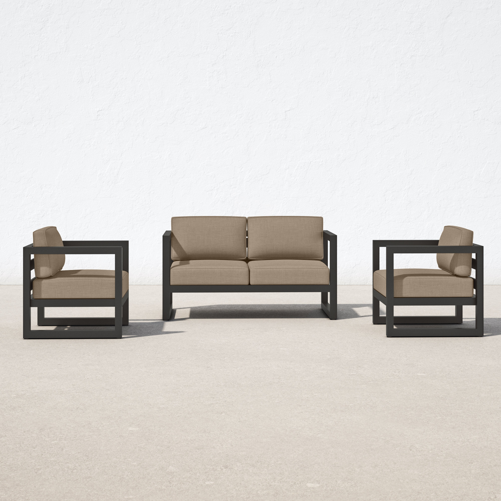 Smith 3 Piece Sofa Seating Group with Sunbrella Cushions, Heather Beige, Slate
