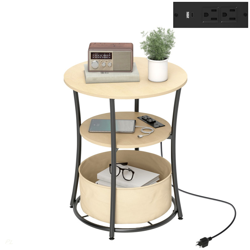 Table basse Table d'appoint ronde avec station de charge, table de bout à 3 niveaux avec sac de rangement en tissu et tablette, bois naturel