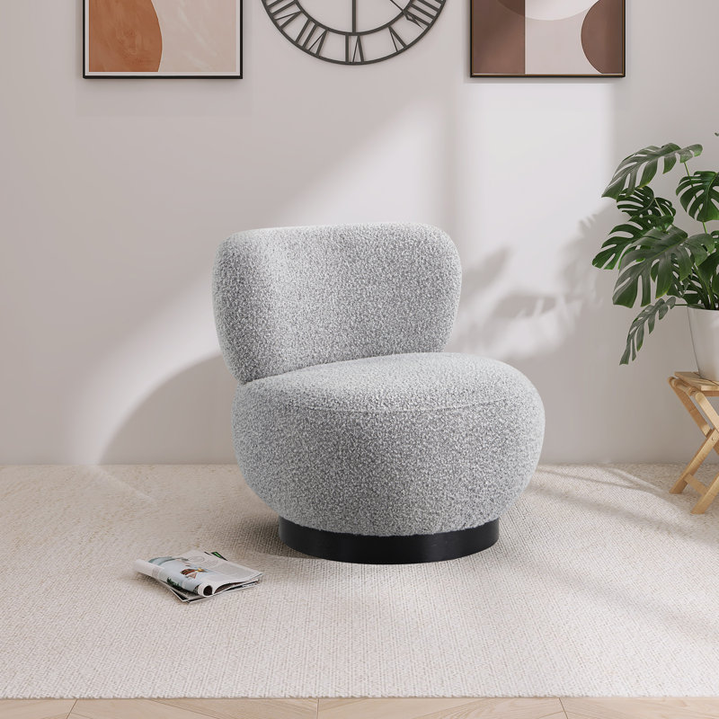 Upholstered Barrel Chair, Grey Boucle Fabric, Black