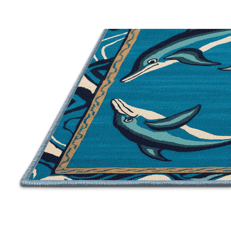  Washable Leaping Dolphins Hawaiian Area Rug, Square 4'