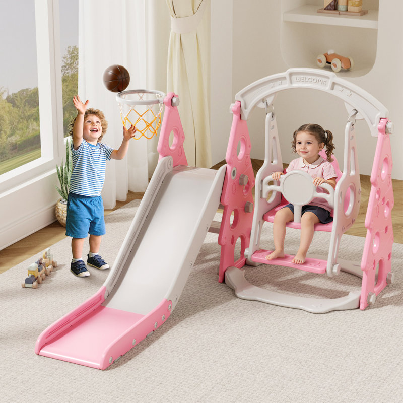 Ensemble de glissade et de balançoire pour enfants 4 en 1, glissade pour tout-petit avec panier de basket et balançoire, Rose