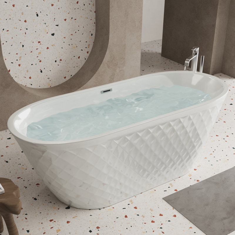 67'' Acrylic Freestanding Bathtub With Unique Diamond Pattern Design Chrome Overflow And Pop-up Drain, White