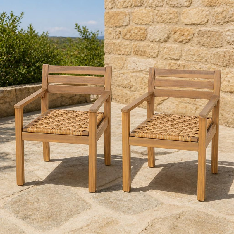 Ensemble de 2 chaises de salle à manger d'extérieur en bois d'acacia avec sièges tissés, fauteuils de patio rustiques et sièges d'extérieur robustes et résistants aux intempéries