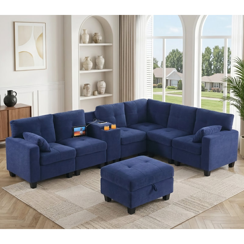 Canapé modulaire rembourré 8 pièces avec ports USB et repose-pieds avec rangement Chesham, Mélange de polyester bleu