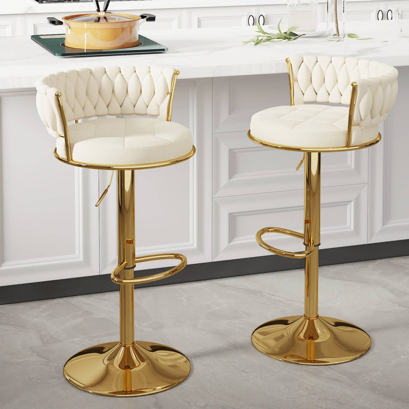 George Set of 2 Bar Stools with Woven Velvet Upholstered Backrest, Height Adjustable Counter Stools, Swivel Kitchen Stools for Kitchen Island, Bar, White