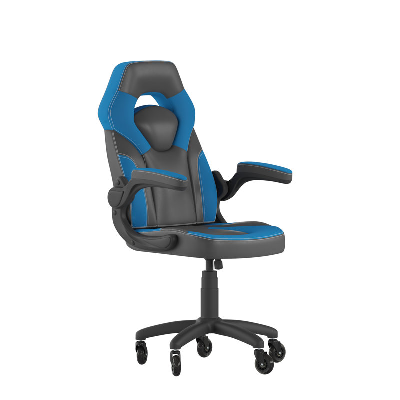 Fauteuil de jeu Katilyn avec roulettes et accoudoirs relevables - LeatherSoft, Bleu