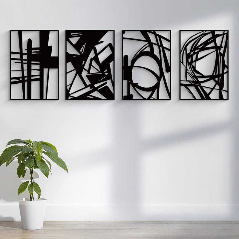  Paquet de 4, art mural abstrait en métal noir, ligne simple minimaliste, sculptures murales en métal texturé en 3D, pour le salon, la chambre et la salle d'étude (abstrait noir, taille M 16 x 11 po)