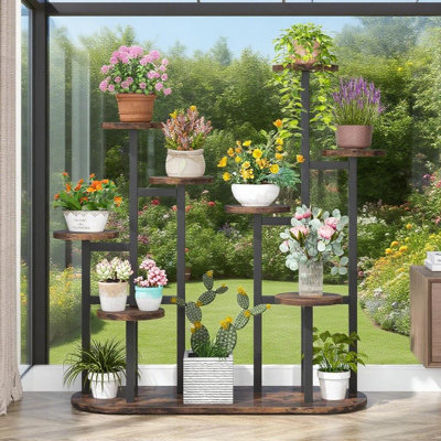 Support pour plante ronde à plusieurs niveaux, support de pot de fleur de coin intérieur et extérieur à finition grain de bois pour patio Balcon
