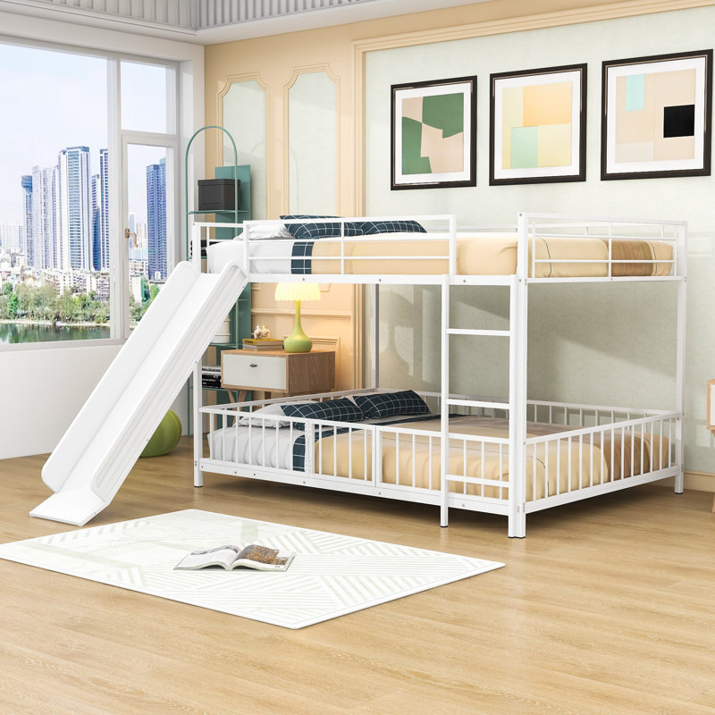 Full Over Full Metal Bunk Bed with Slide, Guardrail and Ladder, White