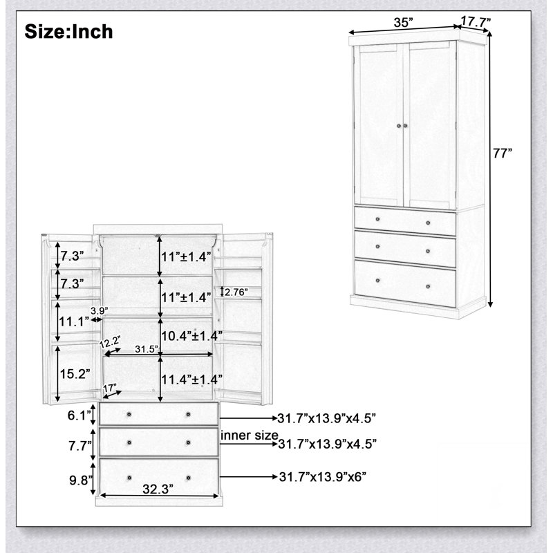 Grande armoire de rangement autoportante Farmhouse Kitchen avec 3 tablettes réglables, Blanc
