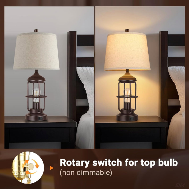 Ensemble de 2 lampes de table avec ports USB, lampe de chevet à intensité variable à 3 voies avec 2 lumières DEL et table de chevet rustique (ampoules 2700K incluses)