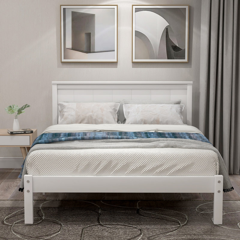 Tête de lit avec lit plateforme simple, support à lattes de bois, sans sommier, lit blanc brillant avec tête de lit, ressort solide requis