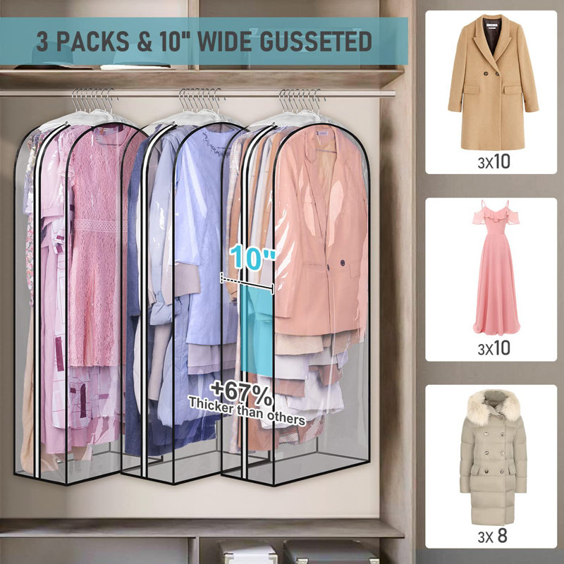 Clear 50" Gusseted Garment Bags with Side Zipper, Set of 3