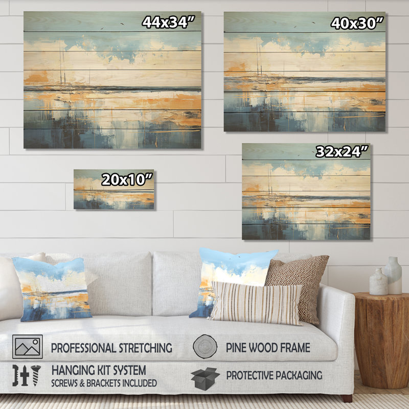 «Blue and Yellow Seaside Simplicity II» - minimalisme côtier sur bois, H 30 po x l 40 po x P 0,78 po