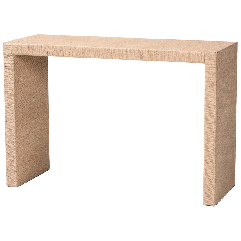 Console bohème avec plateau rectangulaire et ornements en jute tressé, en bois d'ingénierie et jute naturelle, pieds droits, largeur 118,4 cm, profondeur 44,7 cm, hauteur 81 cm, poids 11,9 kg