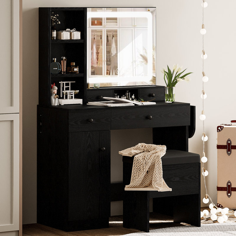 Jakaylen Vanity Makeup Desk with LED Light, Black