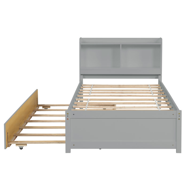 Lit simple gris avec tête de lit bibliothèque et lit gigogne escamotable pour les petites pièces, Grey