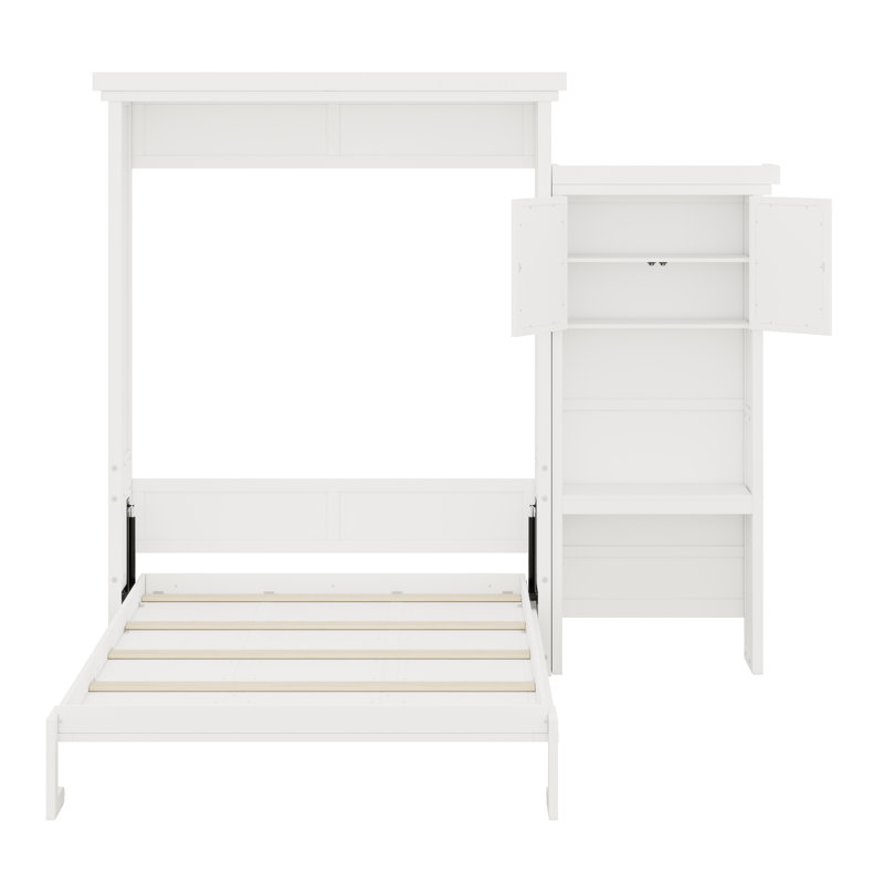 Foldable Wood Platform Bedframe With Louvered Style Decoration And Convertible Multiple Storage Shelves, White