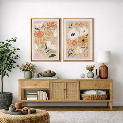 Abstract Botanical "Vibrant Orange & Green Boho Floral Artwork, Modern French Country Wall Pictures, Framed Canvas Giclee Print 2 Pieces Wall Art Set"