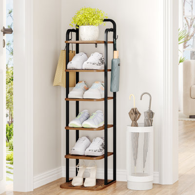Range-chaussures vertical à 6 niveaux, tour à chaussures étroite, étagère à chaussures haute avec 2 crochets, tablettes réglables, étagères à chaussures pour petits espaces, vestibule, salon, brun rustique