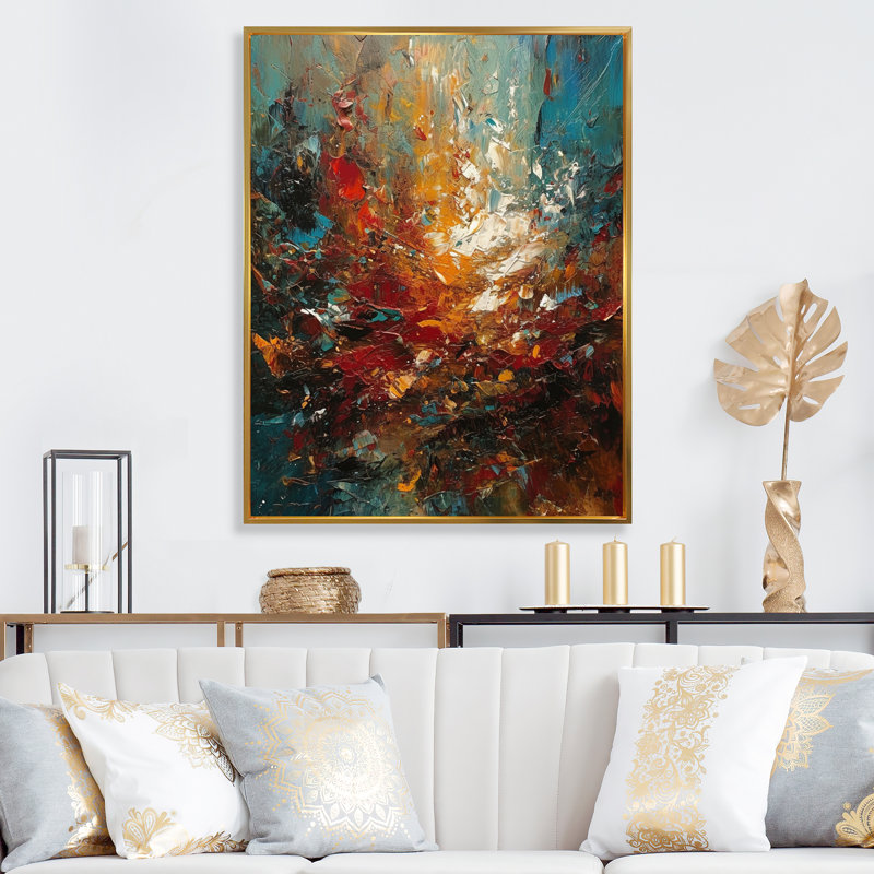 Automne, bonheur, après-midi, abstrait, orange rouge, reproduction sur toile, H 32 po x l 24 po x P 1 po, Cadre flottant doré
