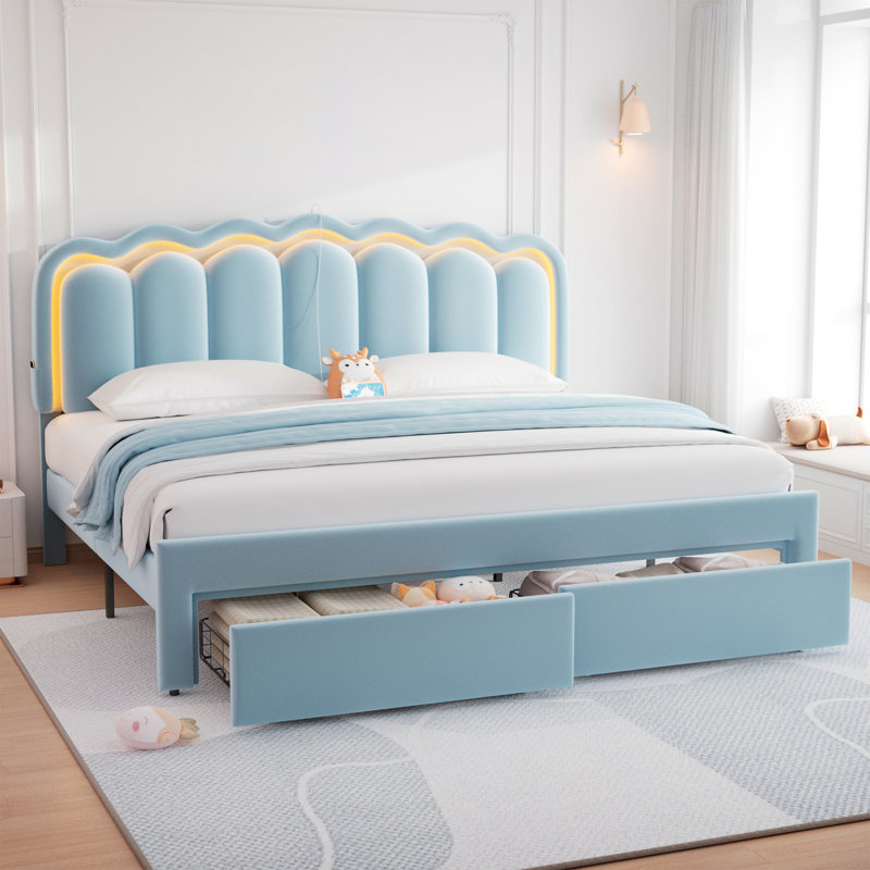 Daphne Upholstered LED Bed Frame With Drawer & Adjustable Headboard, Kids Beds, Twin, Blue