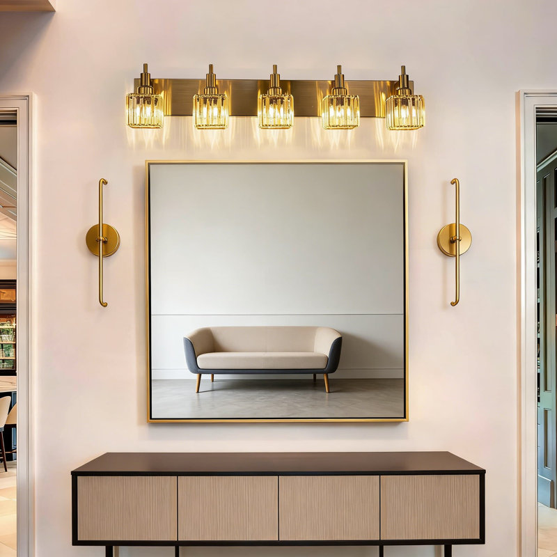 Luminaire de meuble-lavabo moderne en cristal doré - applique murale à 5 lumières à intensité variable avec cristaux K9 pour miroir ou chambre à coucher