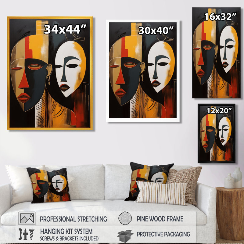 Abstrait double portrait Yin Yang - Masque africain, art mural salon, Toile tendue, H 20 po x l 12 po x P 1 po