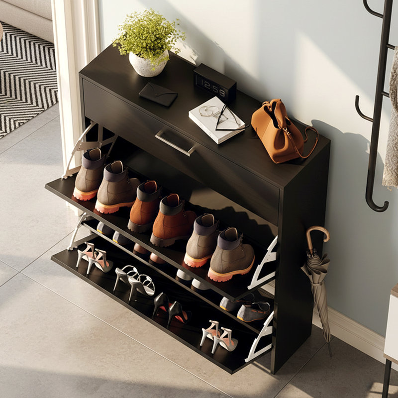 31" W 2-Flip Drawer 1-Drawer Shoe Cabinet, Black